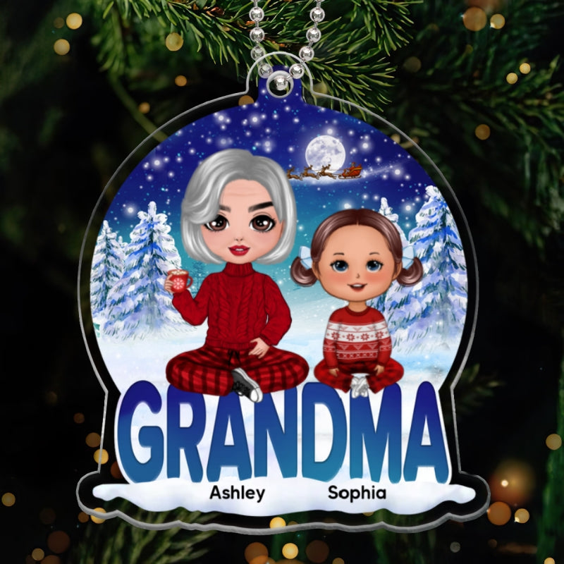 Grandma Grandkids Sitting Snowball Christmas Personalized Acrylic Ornament
