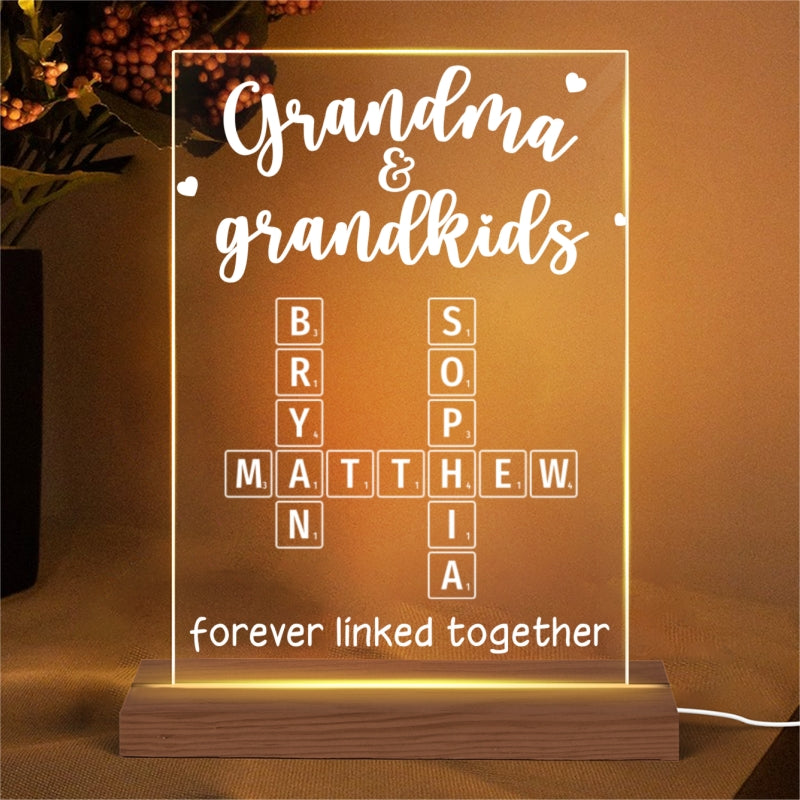 Grandma Grandpa & Grandkids Forever Linked Together Crossword Puzzle Personalized Acrylic Plaque With LED Night Light